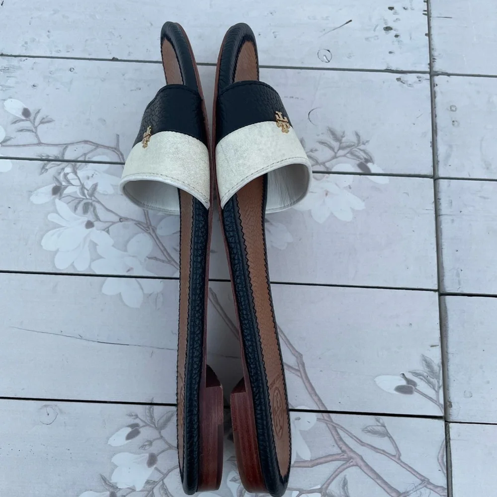 Tory Burch Black and White Leather Slide Mules